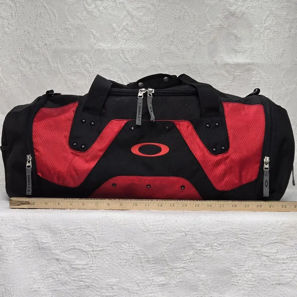 Y2K Oakley Red Black Multi Pocket Duffle Gym Bag Workout  Embroidered Studded